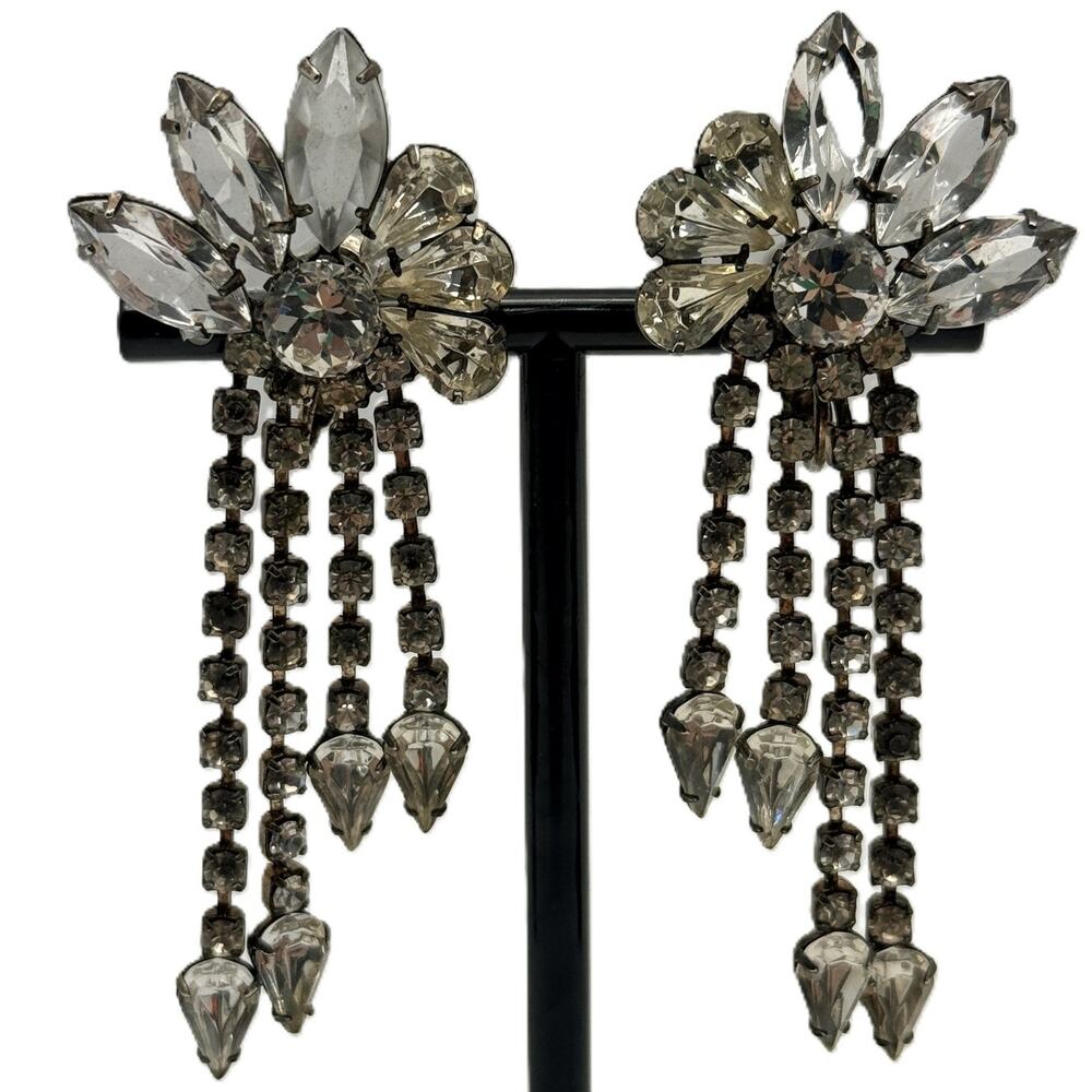 Fashion Floral Dangle Clip On Earrings with Clear Stones & Silver Tone Metal